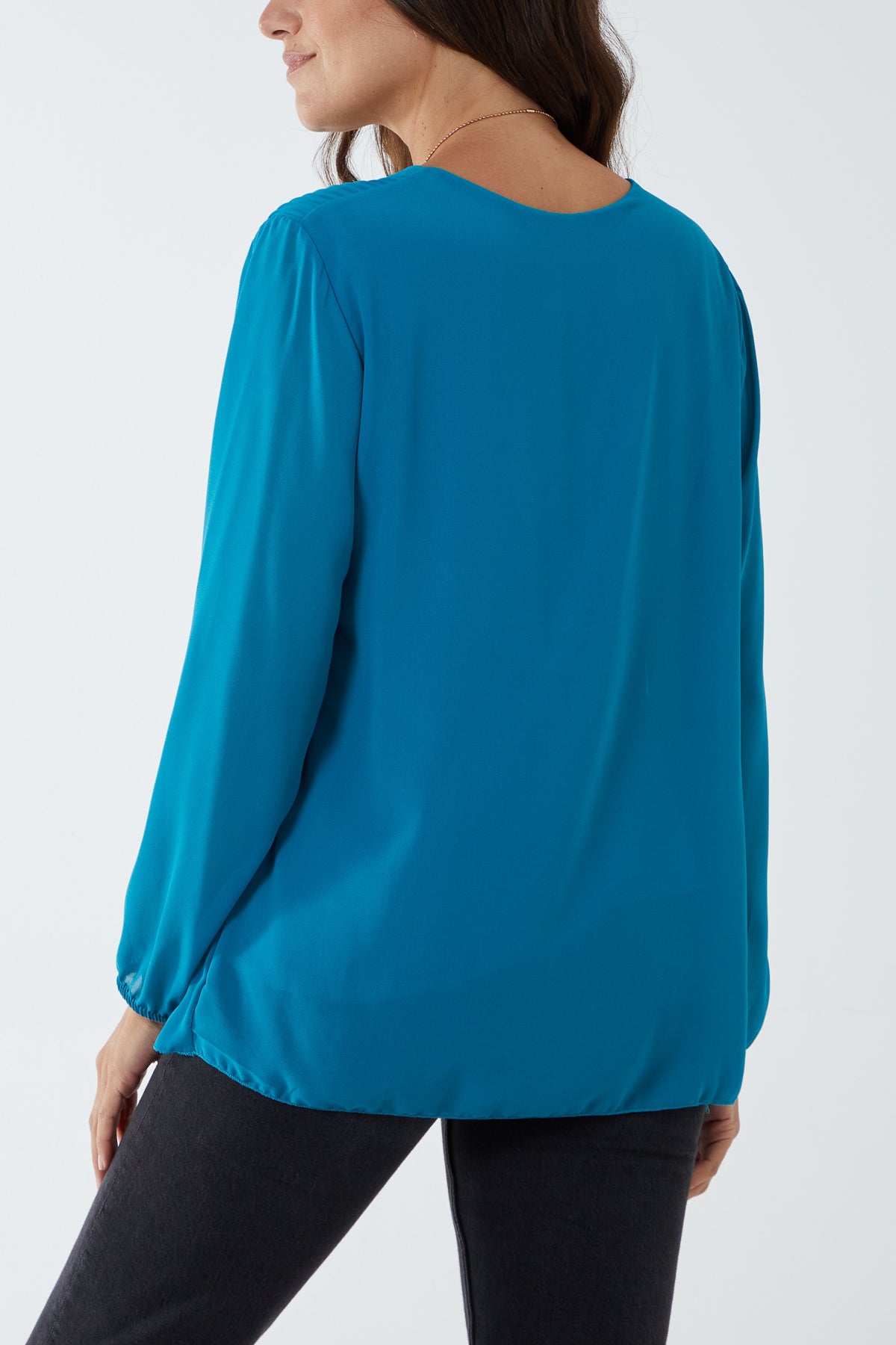 Pleated Long Sleeve Necklace Top