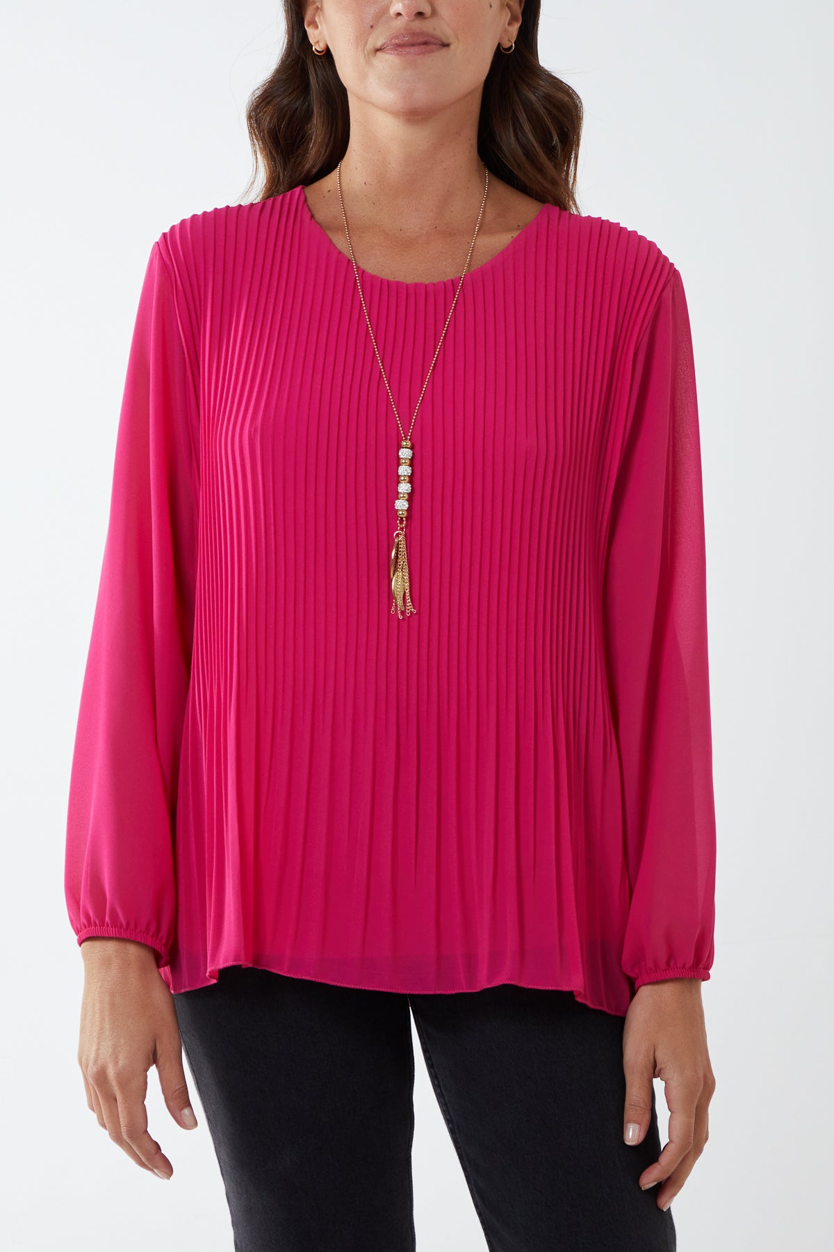 Pleated Long Sleeve Necklace Top