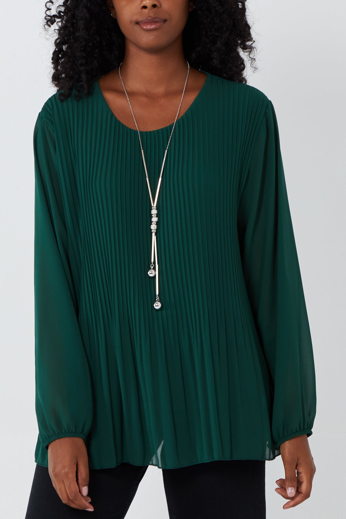Pleated Long Sleeve Necklace Top