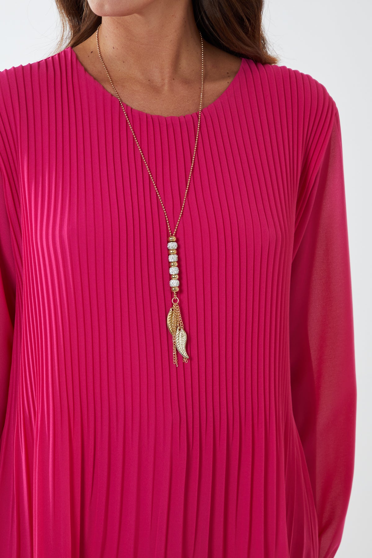 Pleated Long Sleeve Necklace Top