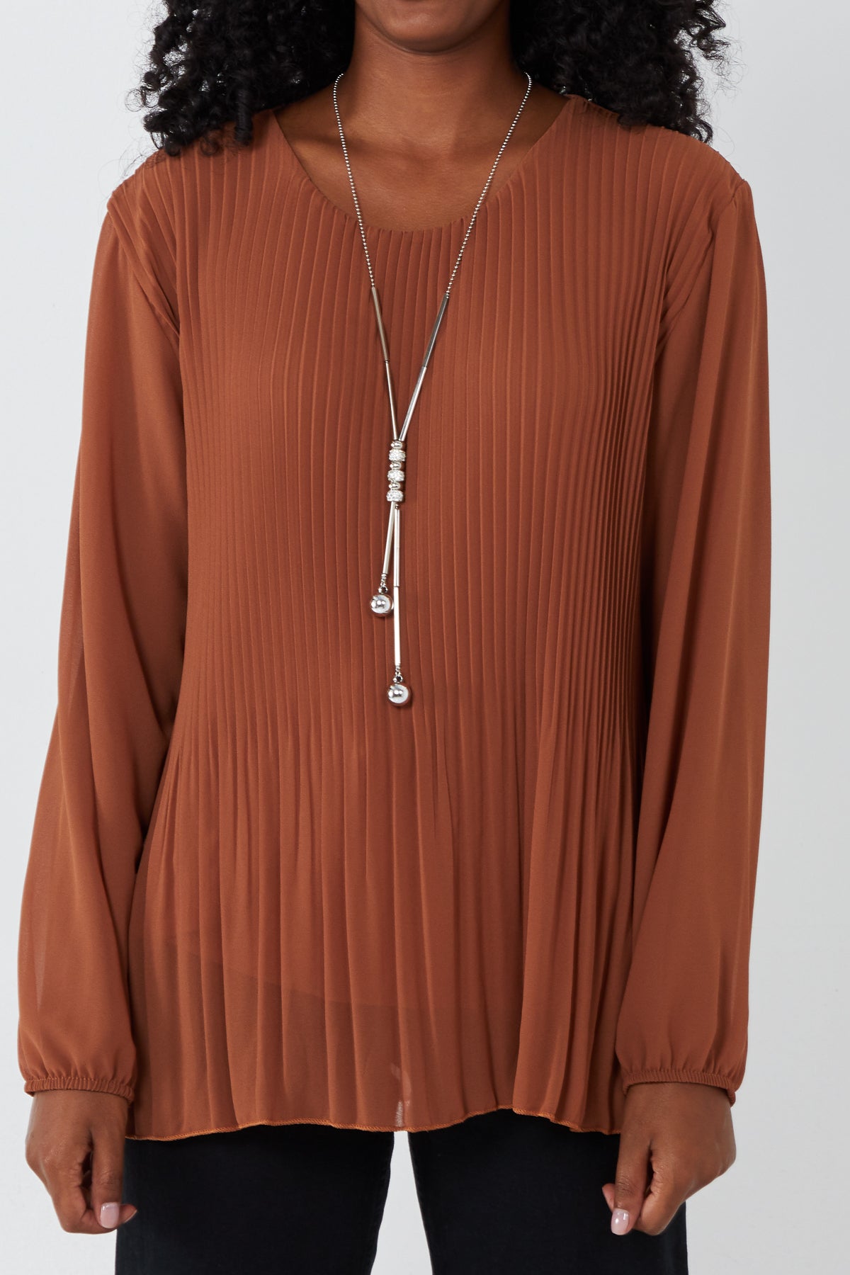 Pleated Long Sleeve Necklace Top