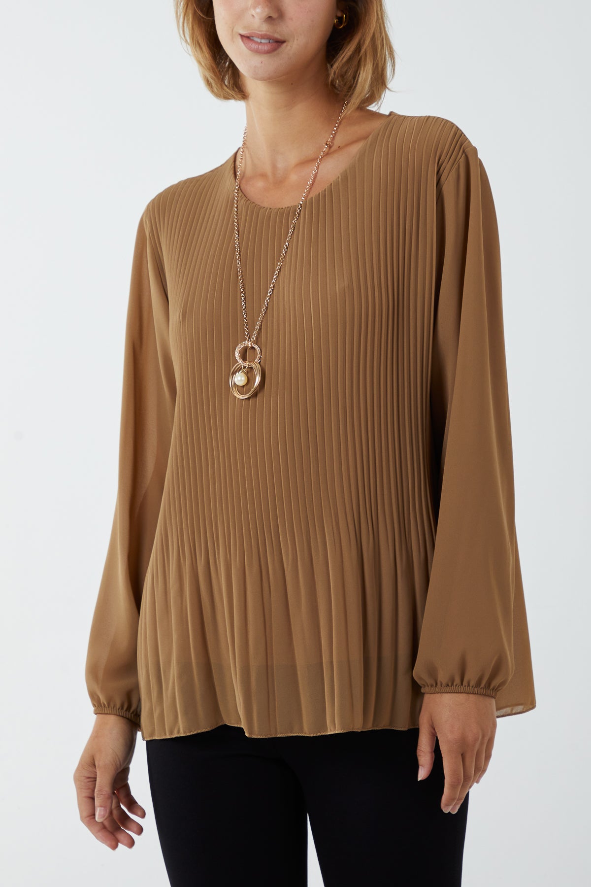 Pleated Long Sleeve Necklace Top