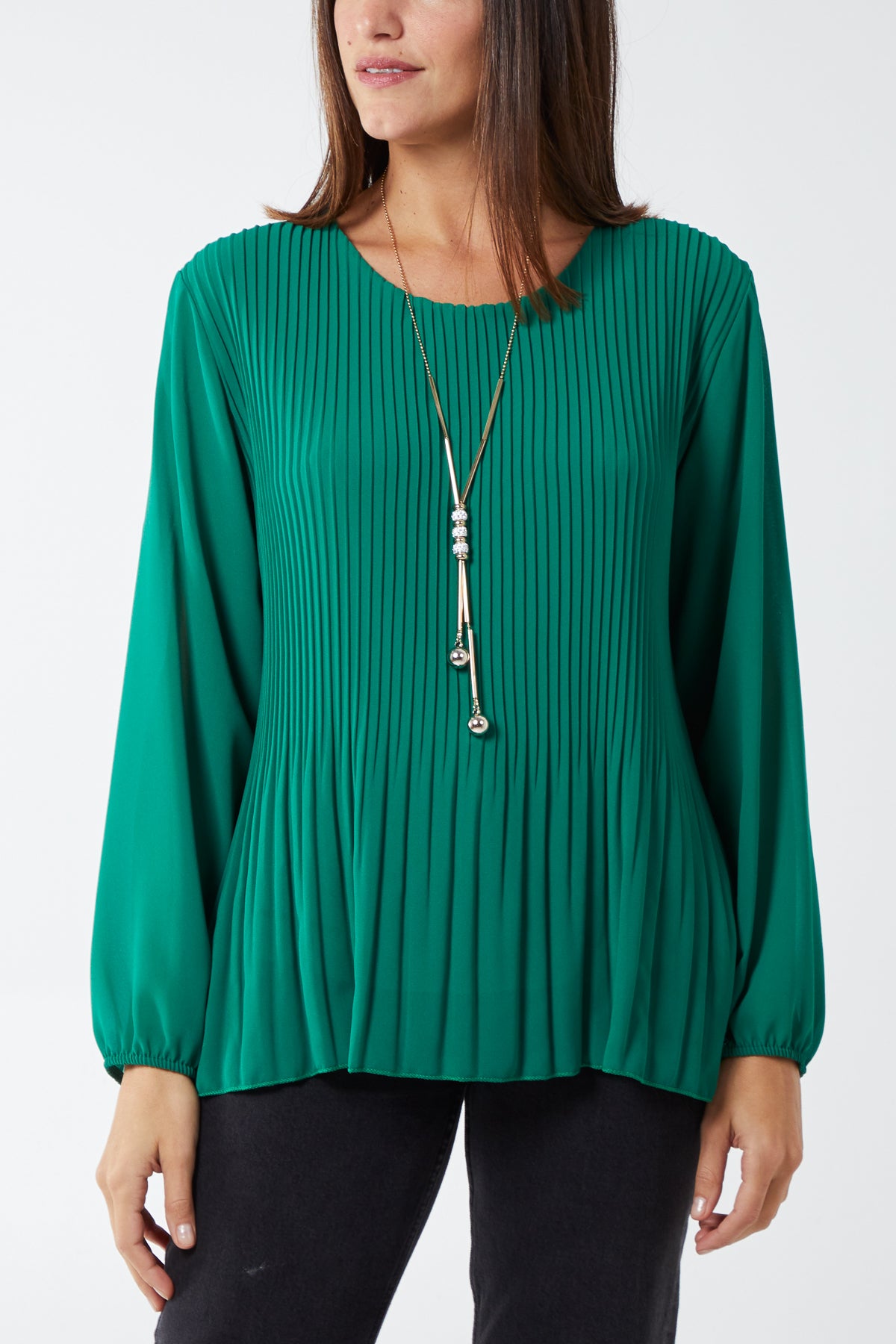 Pleated Long Sleeve Necklace Top
