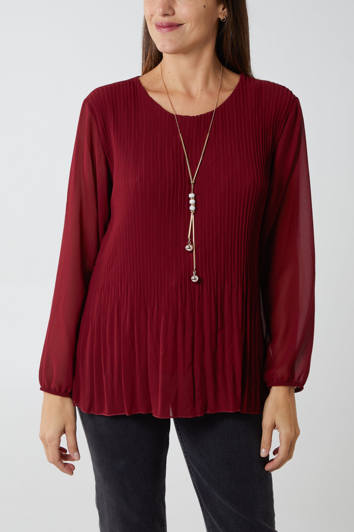 Pleated Long Sleeve Necklace Top