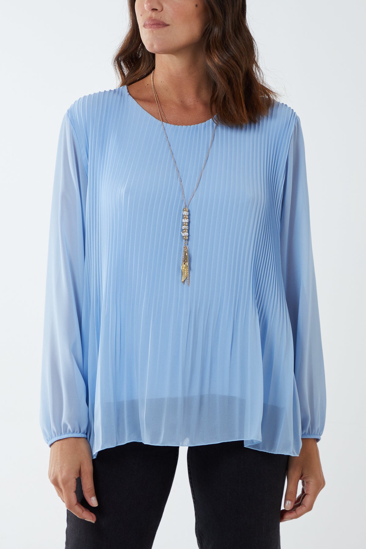 Pleated Long Sleeve Necklace Top