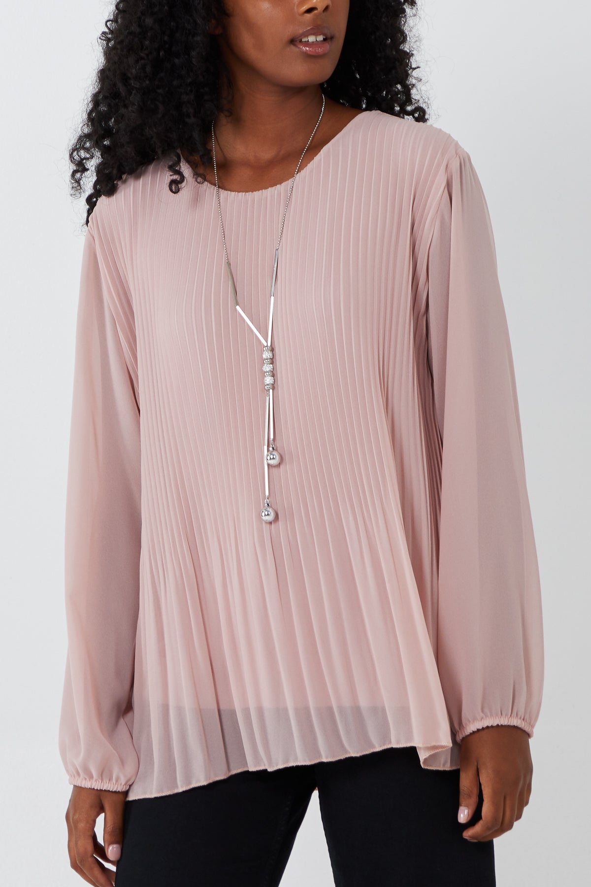 Pleated Long Sleeve Necklace Top
