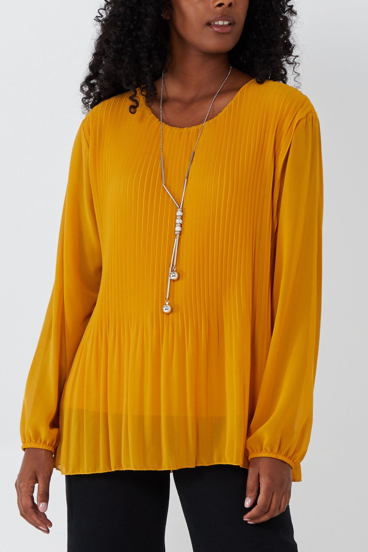 Pleated Long Sleeve Necklace Top