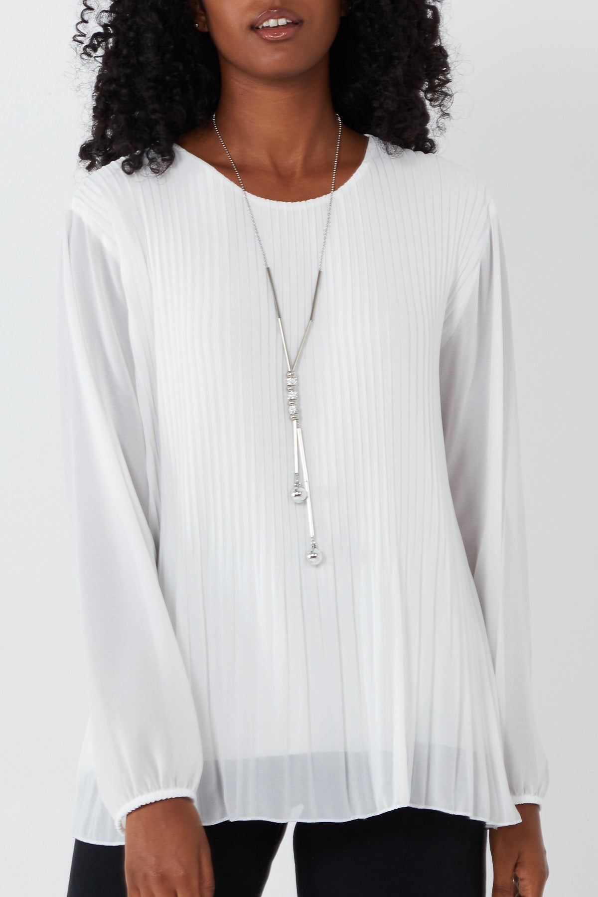 Pleated Long Sleeve Necklace Top