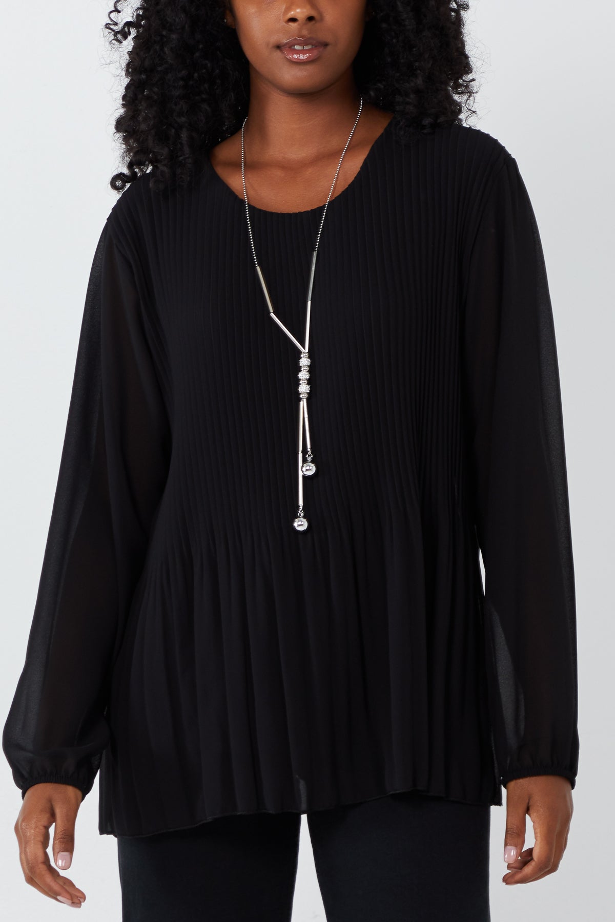Pleated Long Sleeve Necklace Top