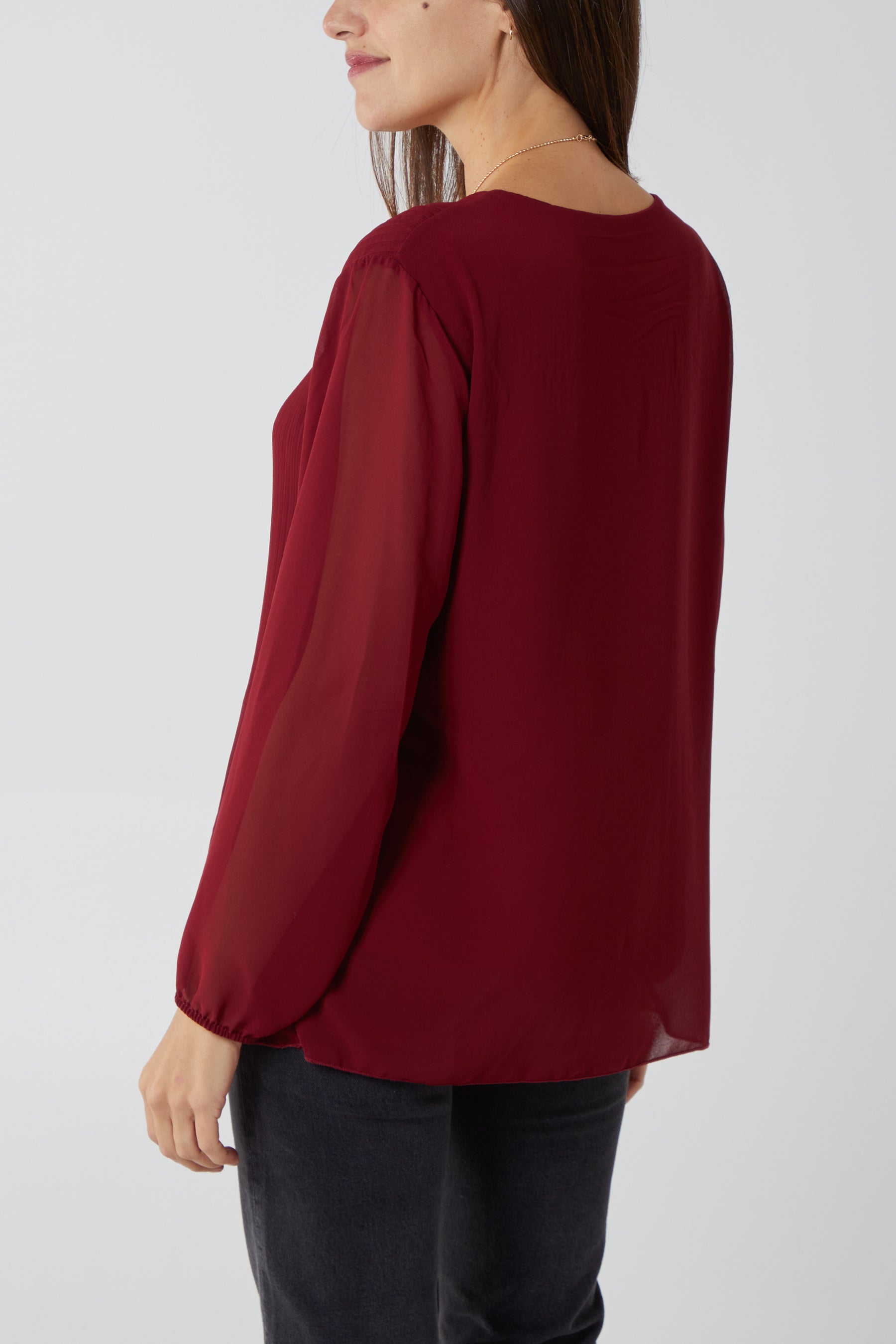 Pleated Long Sleeve Necklace Top
