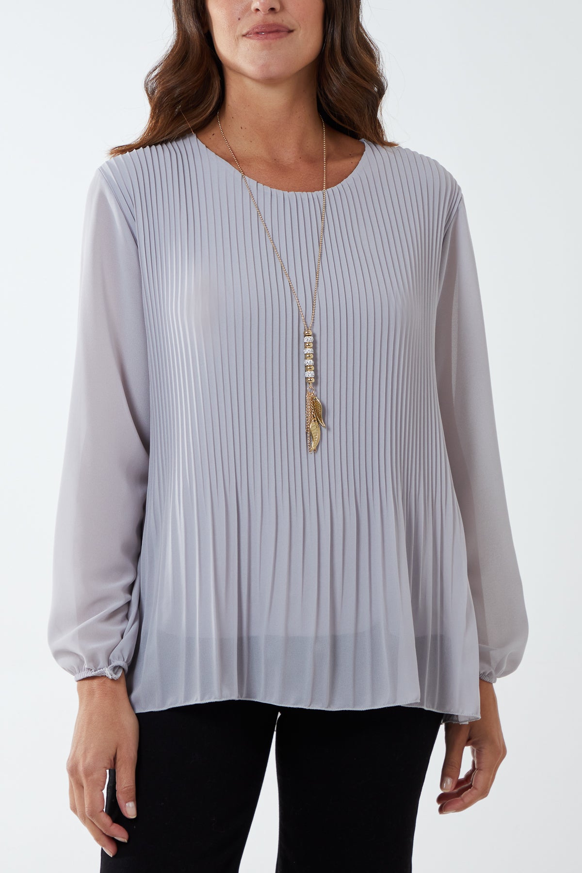 Pleated Long Sleeve Necklace Top