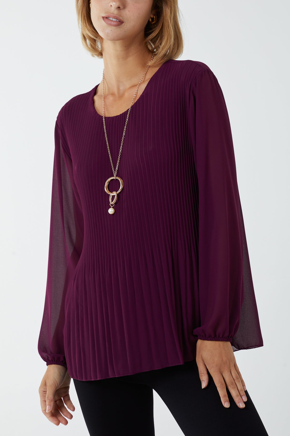 Pleated Long Sleeve Necklace Top