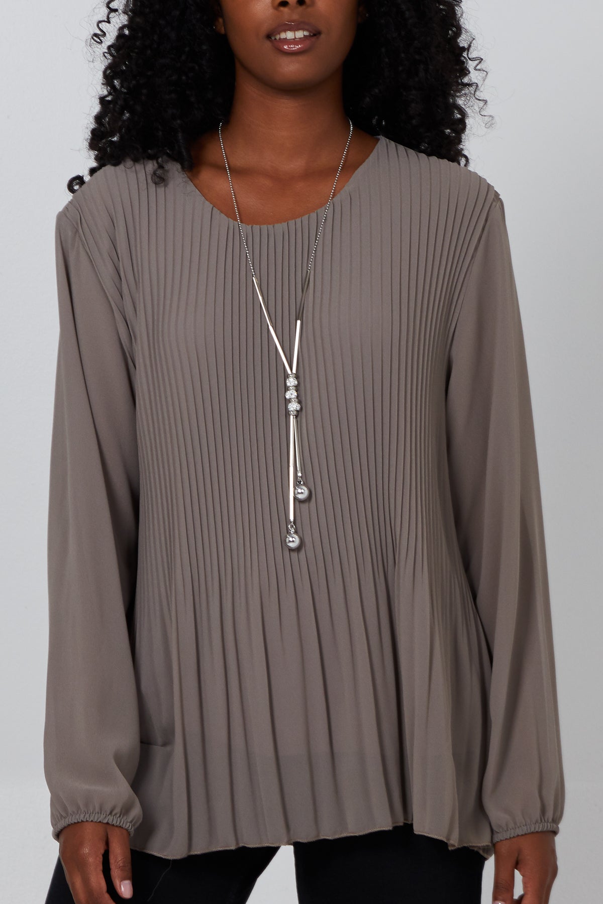 Pleated Long Sleeve Necklace Top