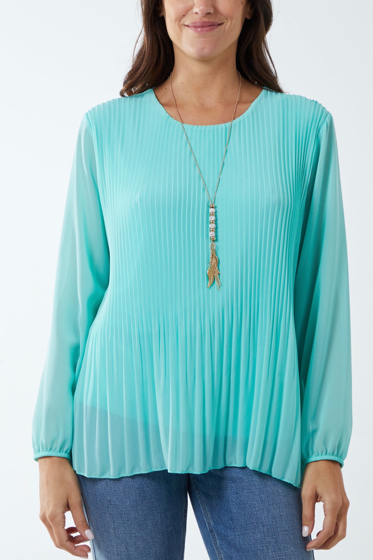 Pleated Long Sleeve Necklace Top