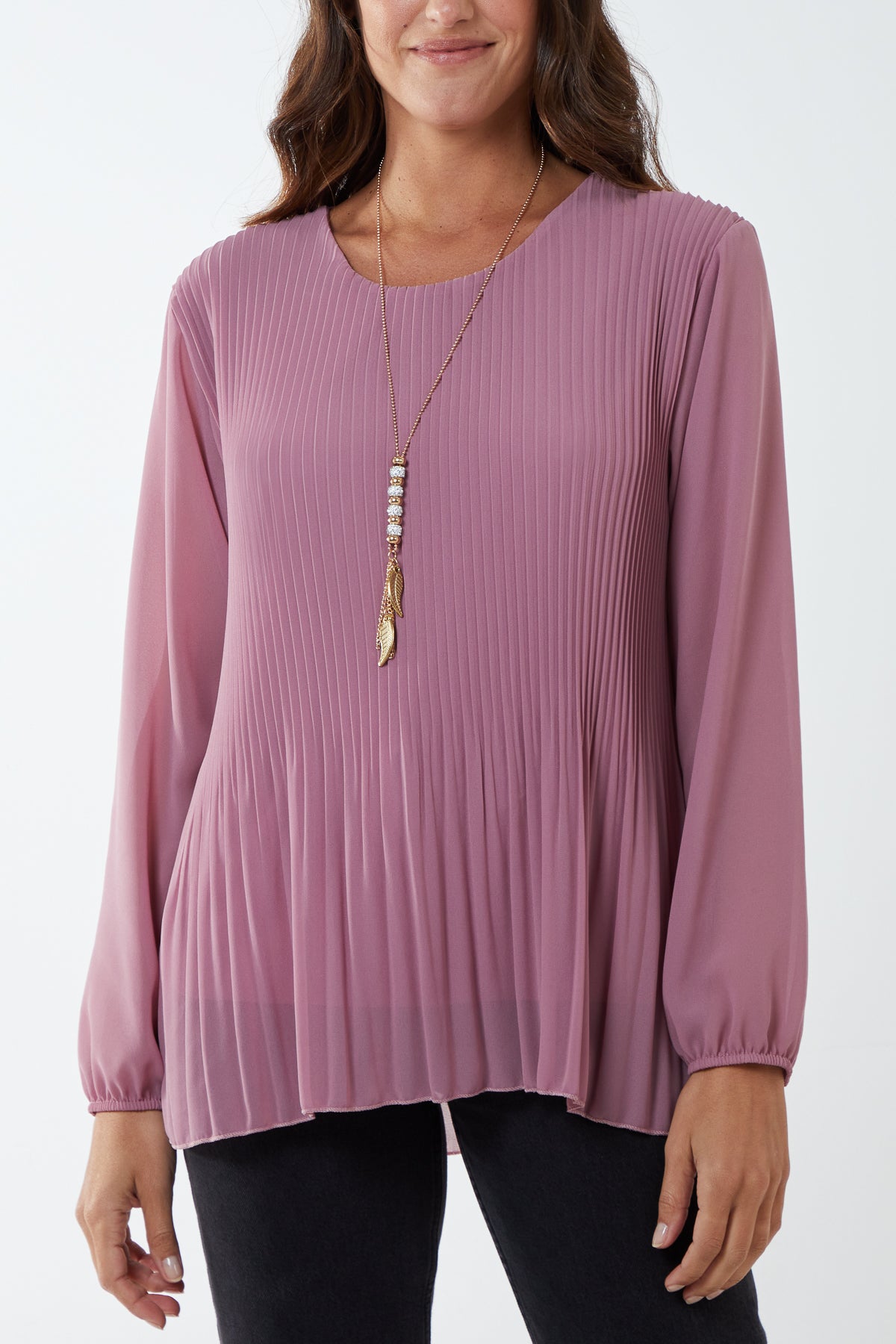 Pleated Long Sleeve Necklace Top