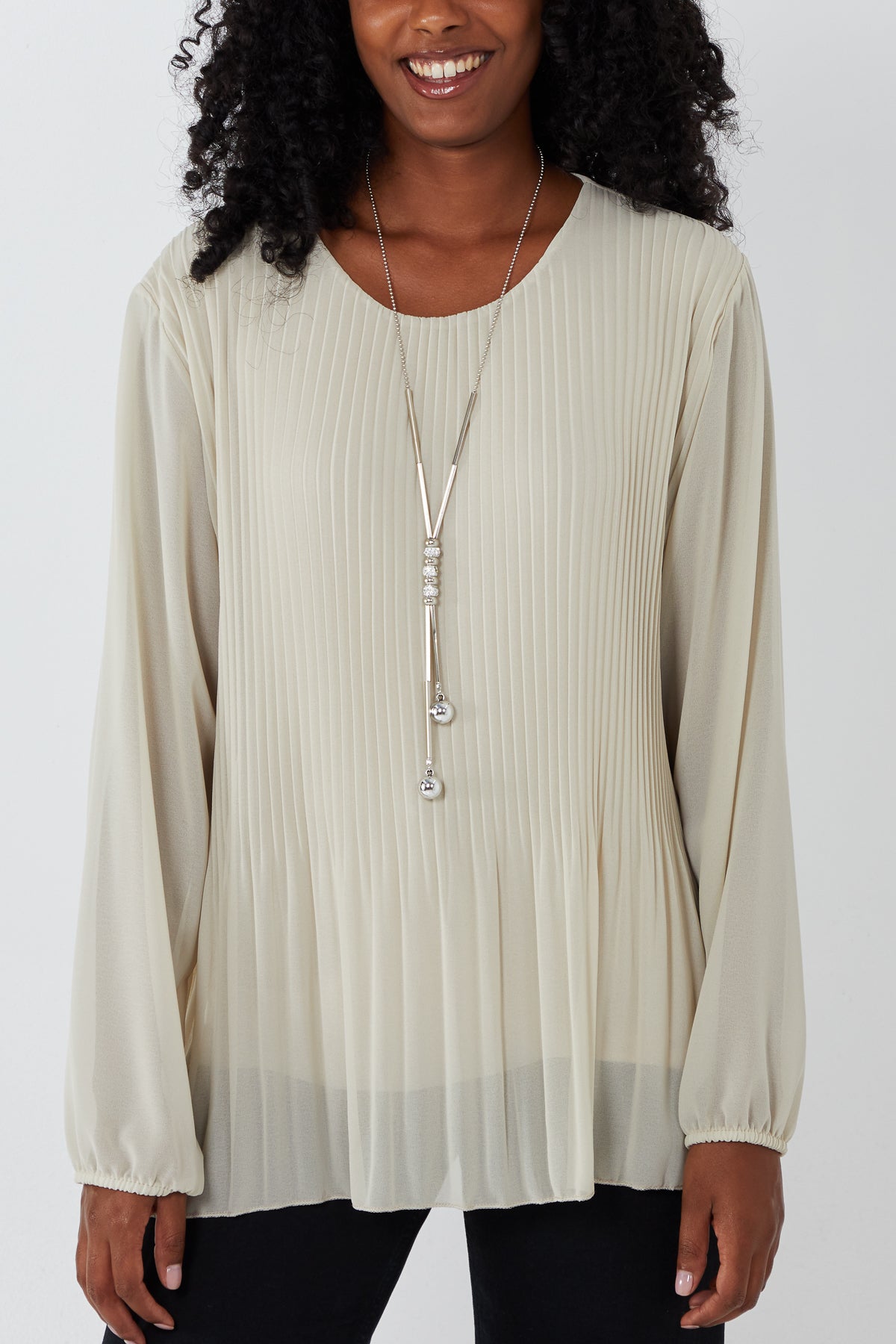 Pleated Long Sleeve Necklace Top
