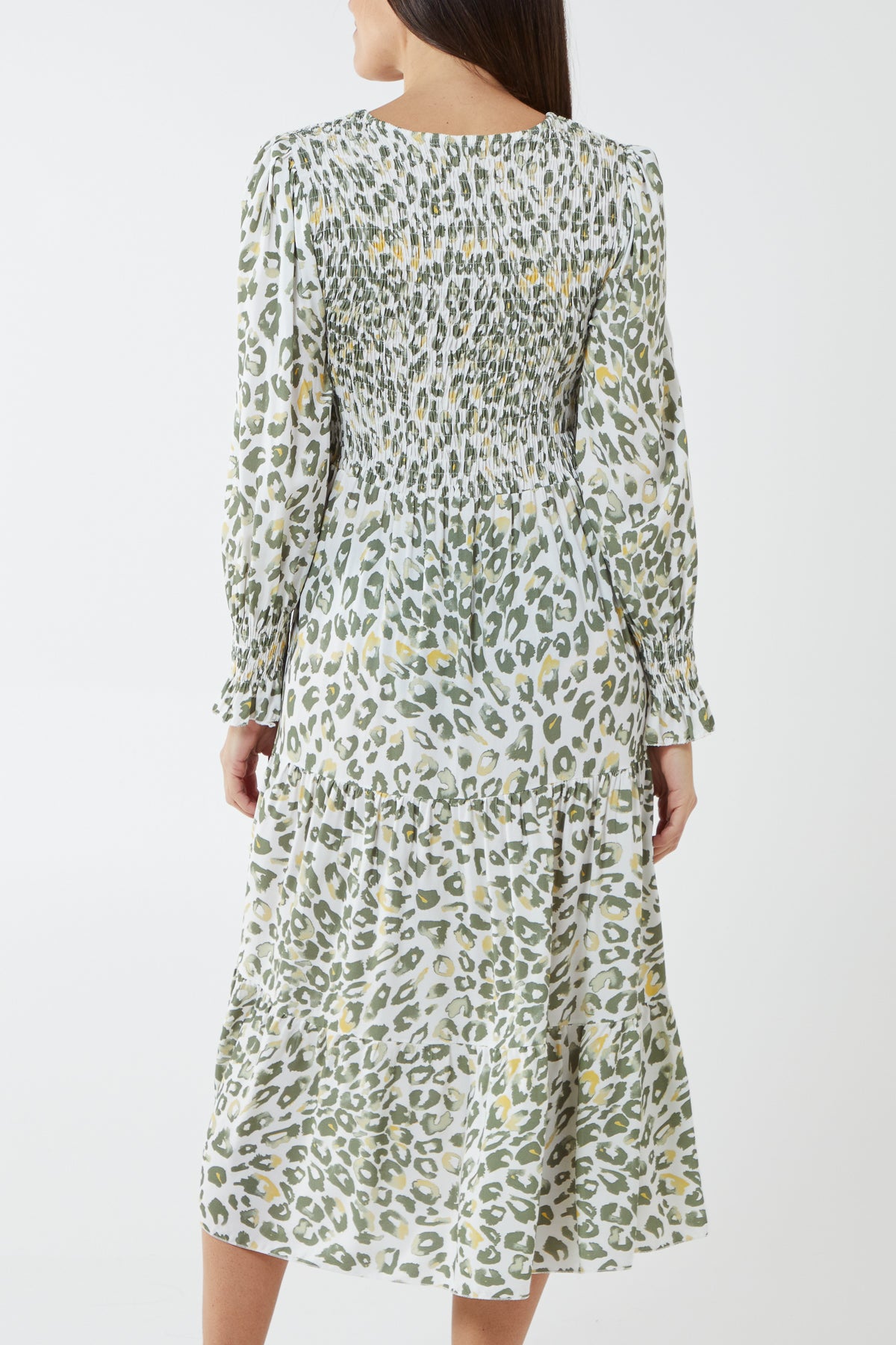Shirred Leopard Print Midi Dress