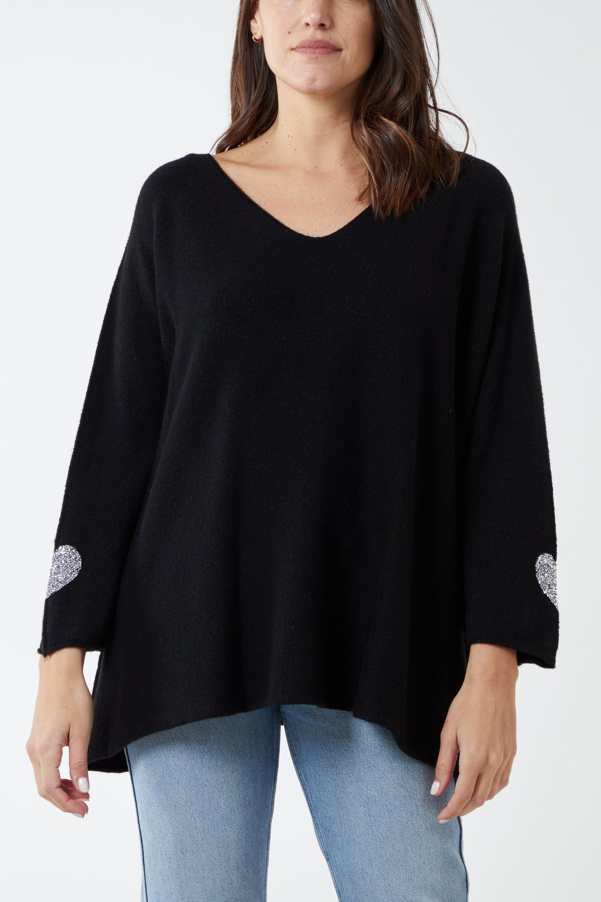 Appliqued Hearts Sleeves V-Neck Jumper