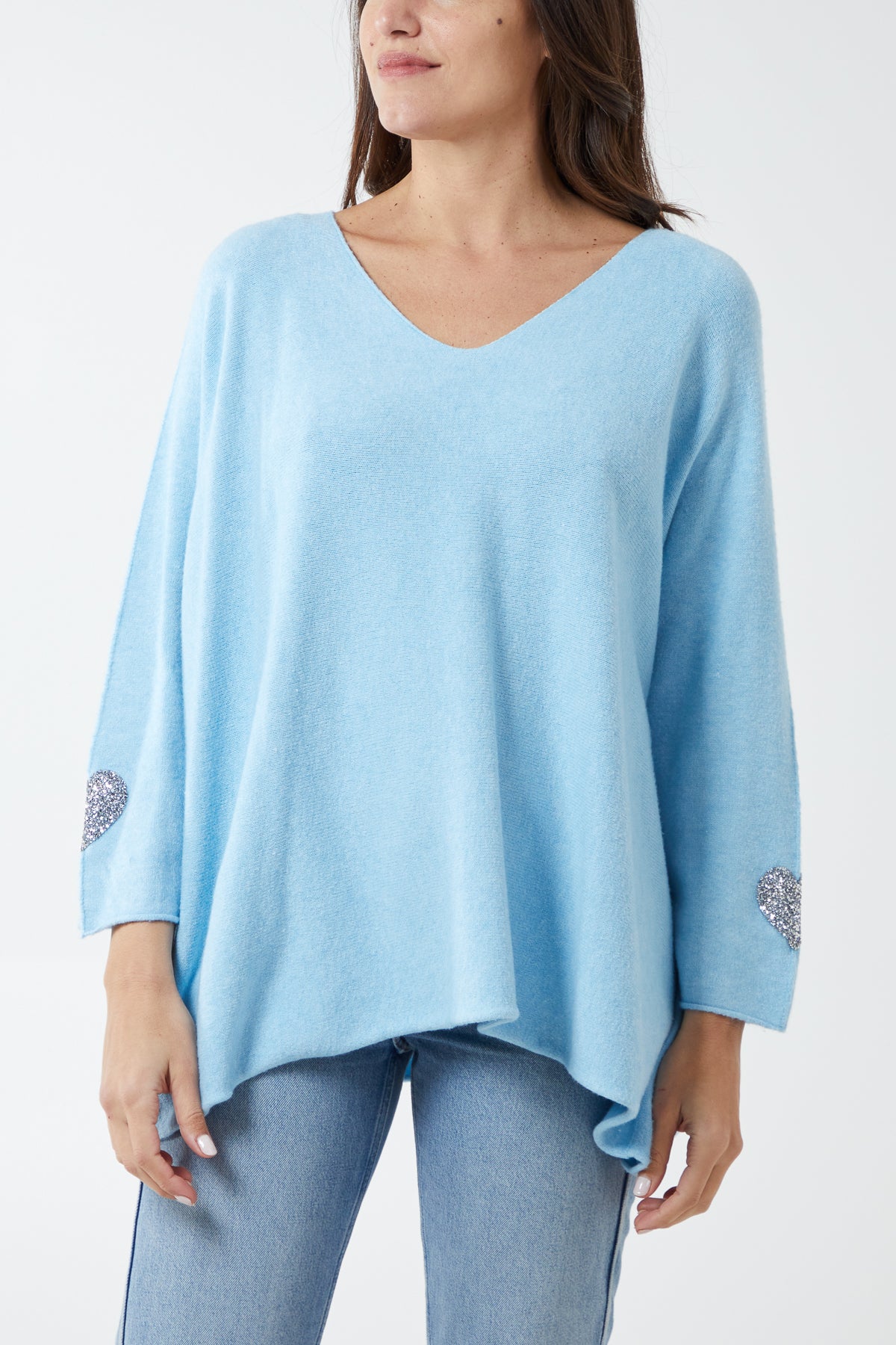 Appliqued Hearts Sleeves V-Neck Jumper