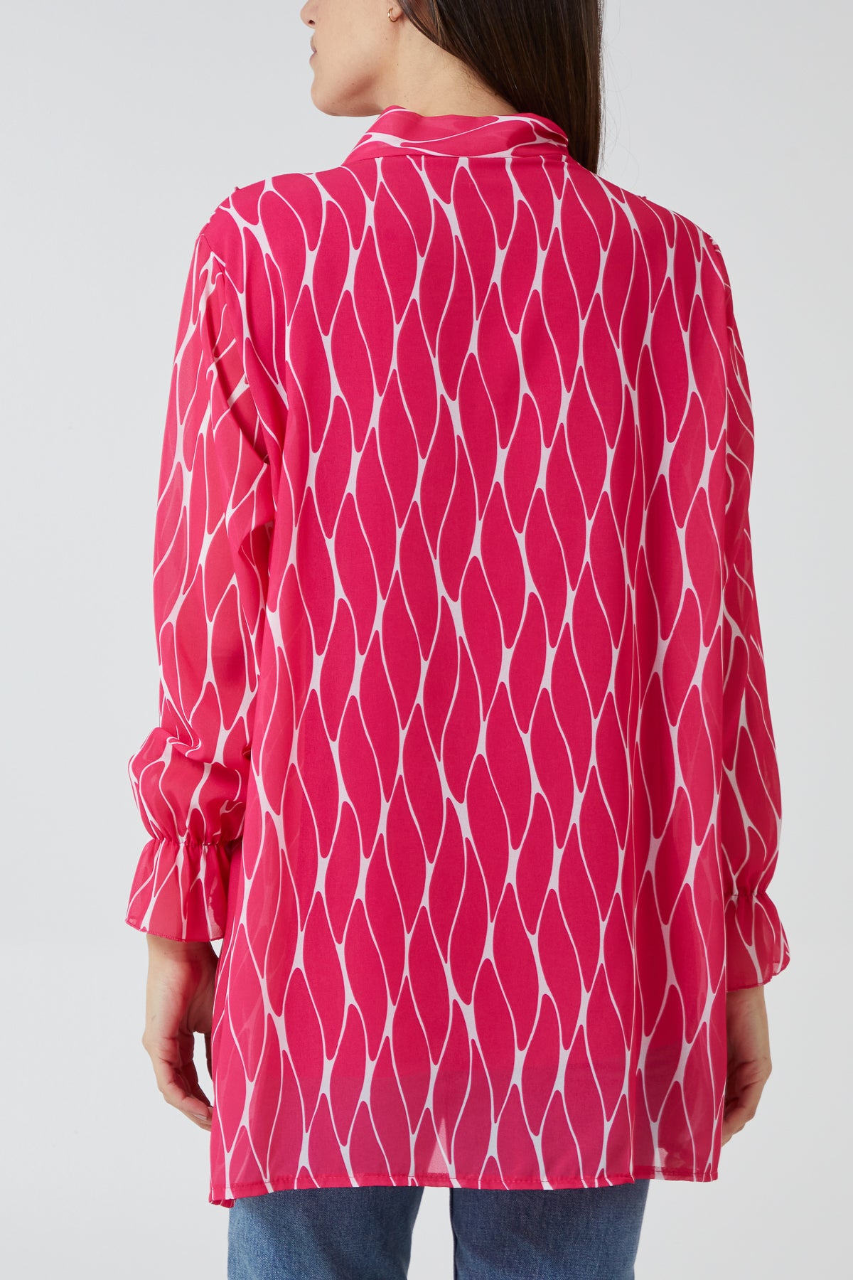 Geometric Print Ruffle Tie Blouse