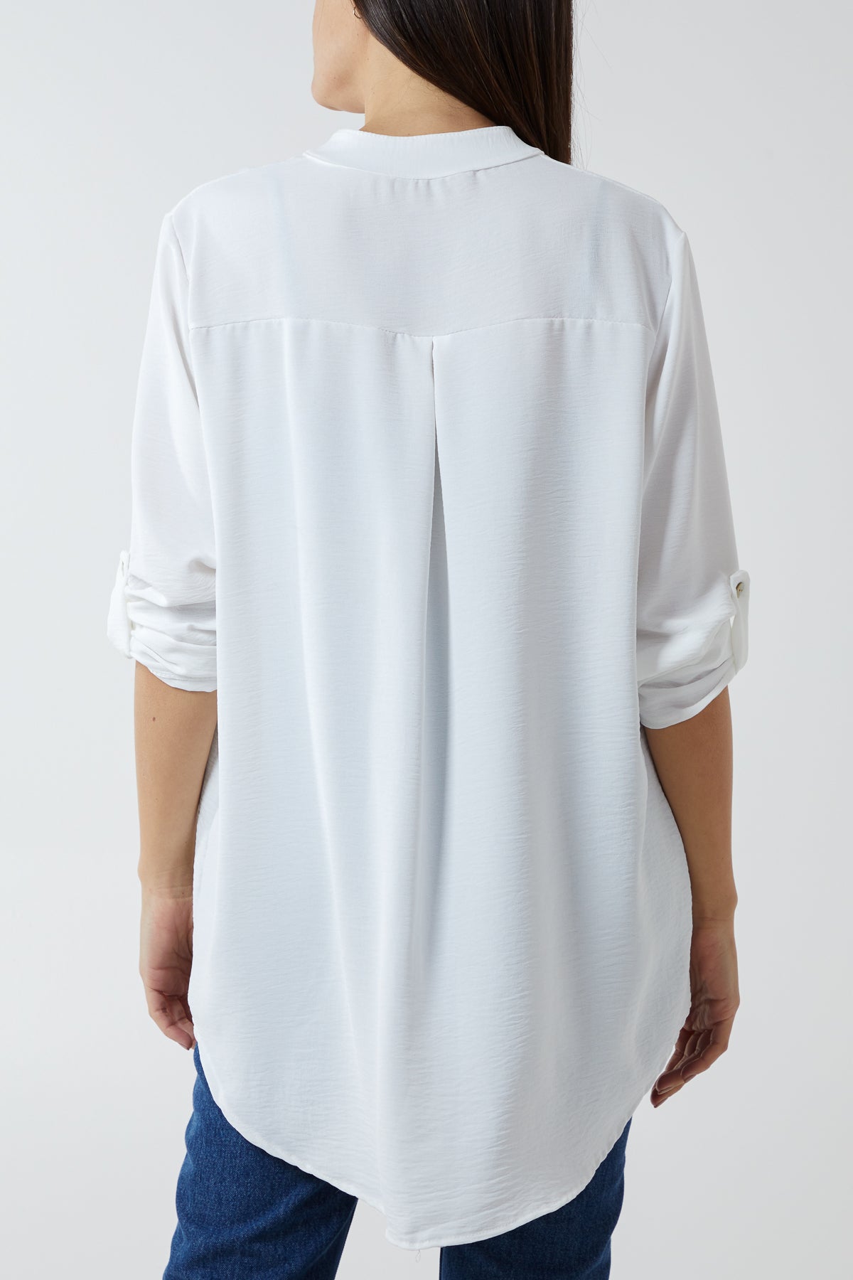 V-Neck Poly Crepe Roll Sleeve Blouse