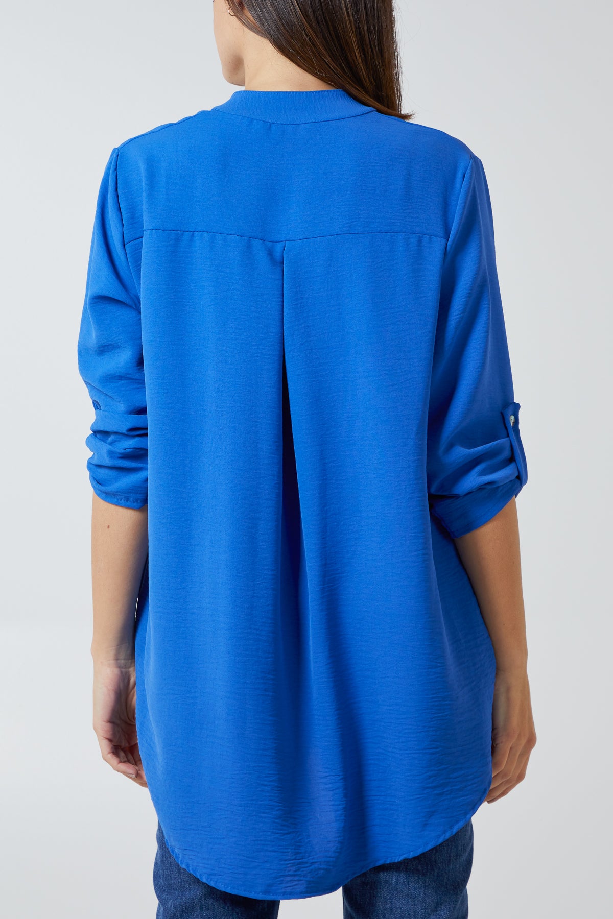 V-Neck Poly Crepe Roll Sleeve Blouse