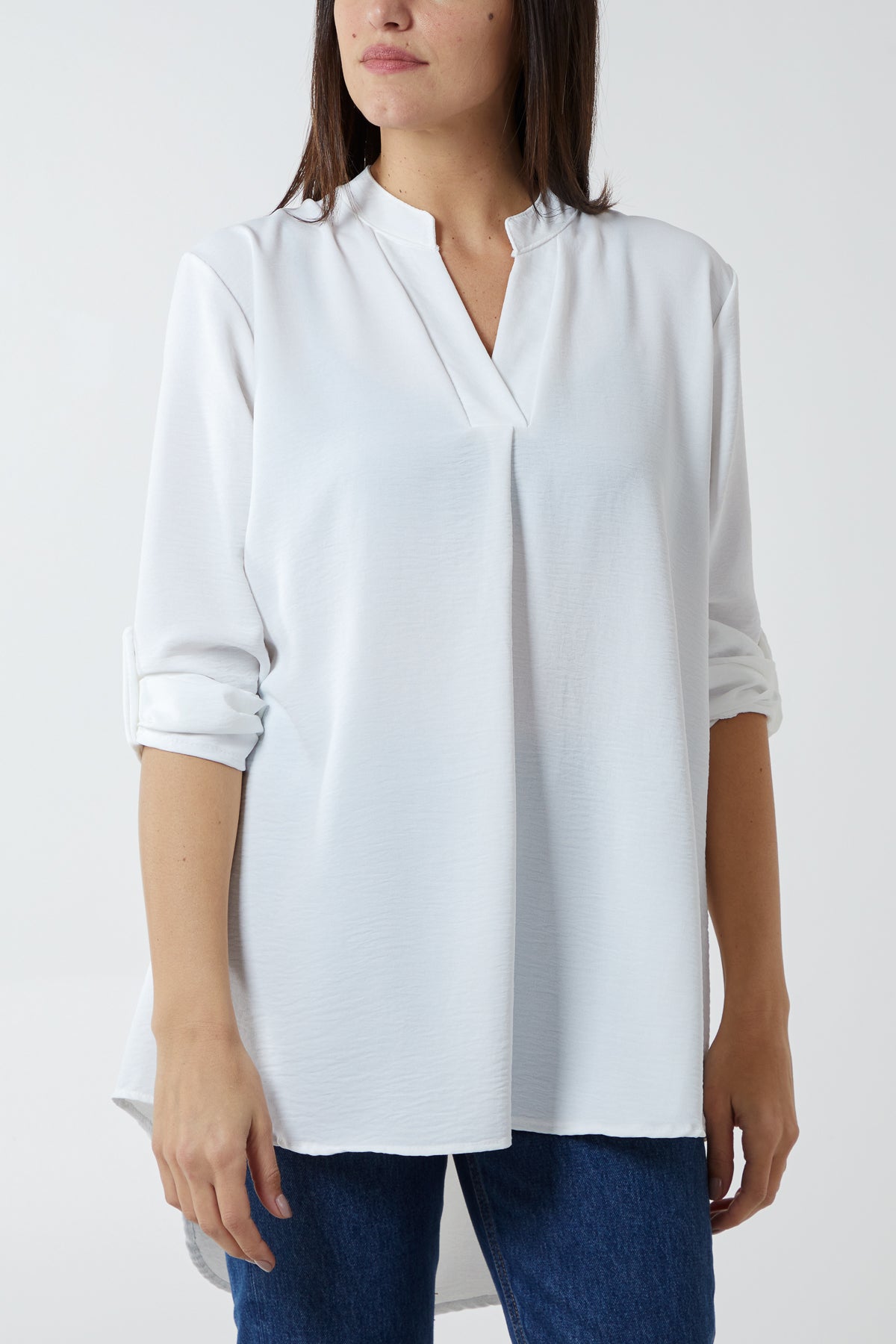 V-Neck Poly Crepe Roll Sleeve Blouse