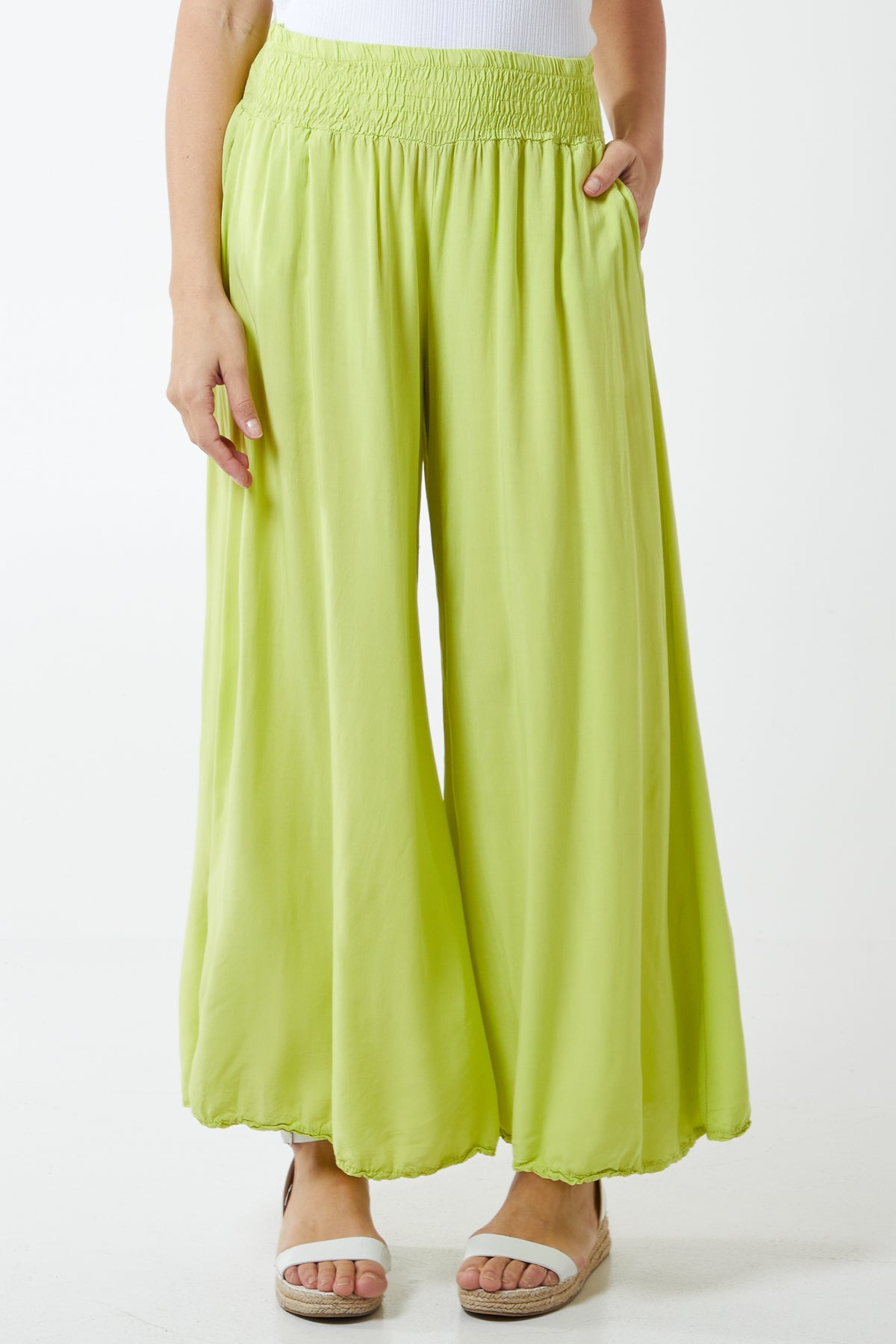 Shirred Deep Waist Band Wide Culottes