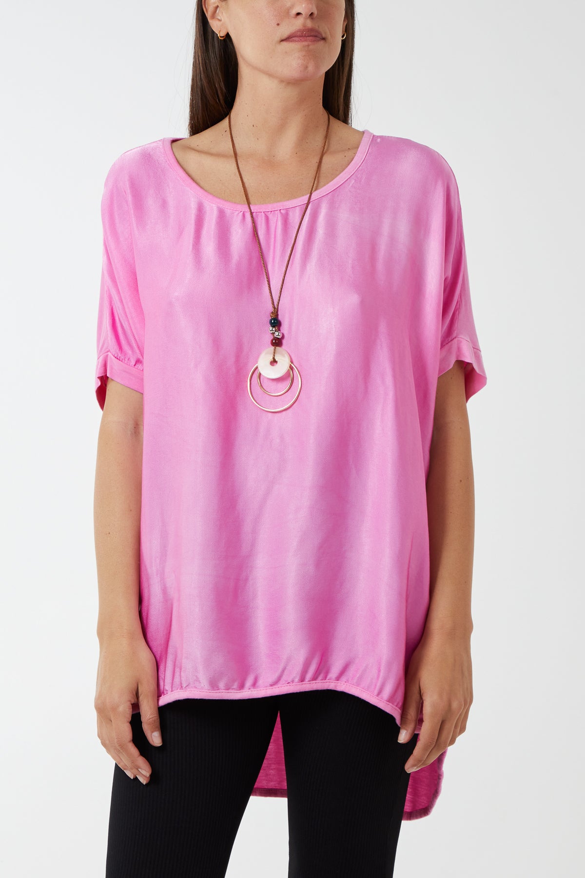Short Sleeve Round Neck Satin Feel Dip Hem Necklace Top