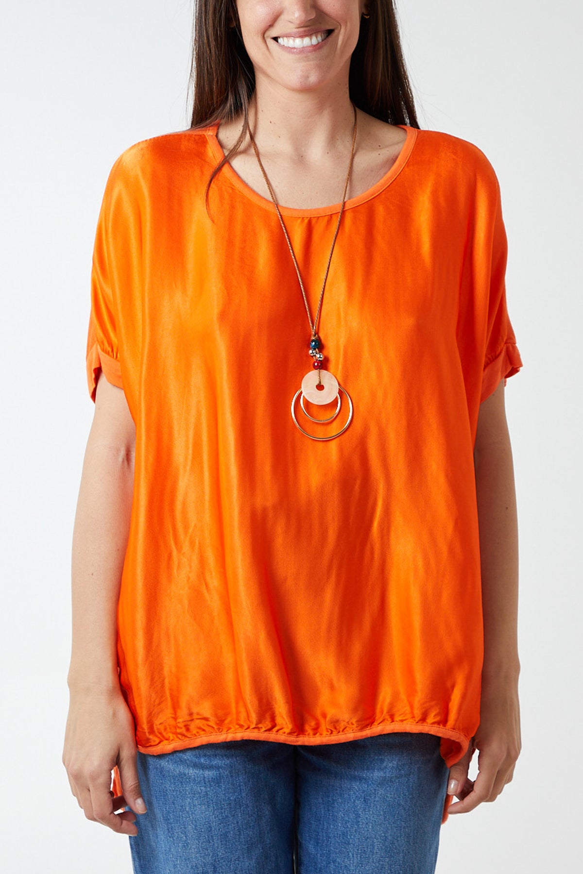 Short Sleeve Round Neck Satin Feel Dip Hem Necklace Top