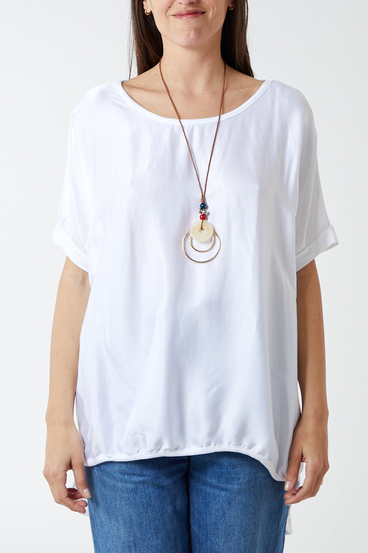Short Sleeve Round Neck Satin Feel Dip Hem Necklace Top