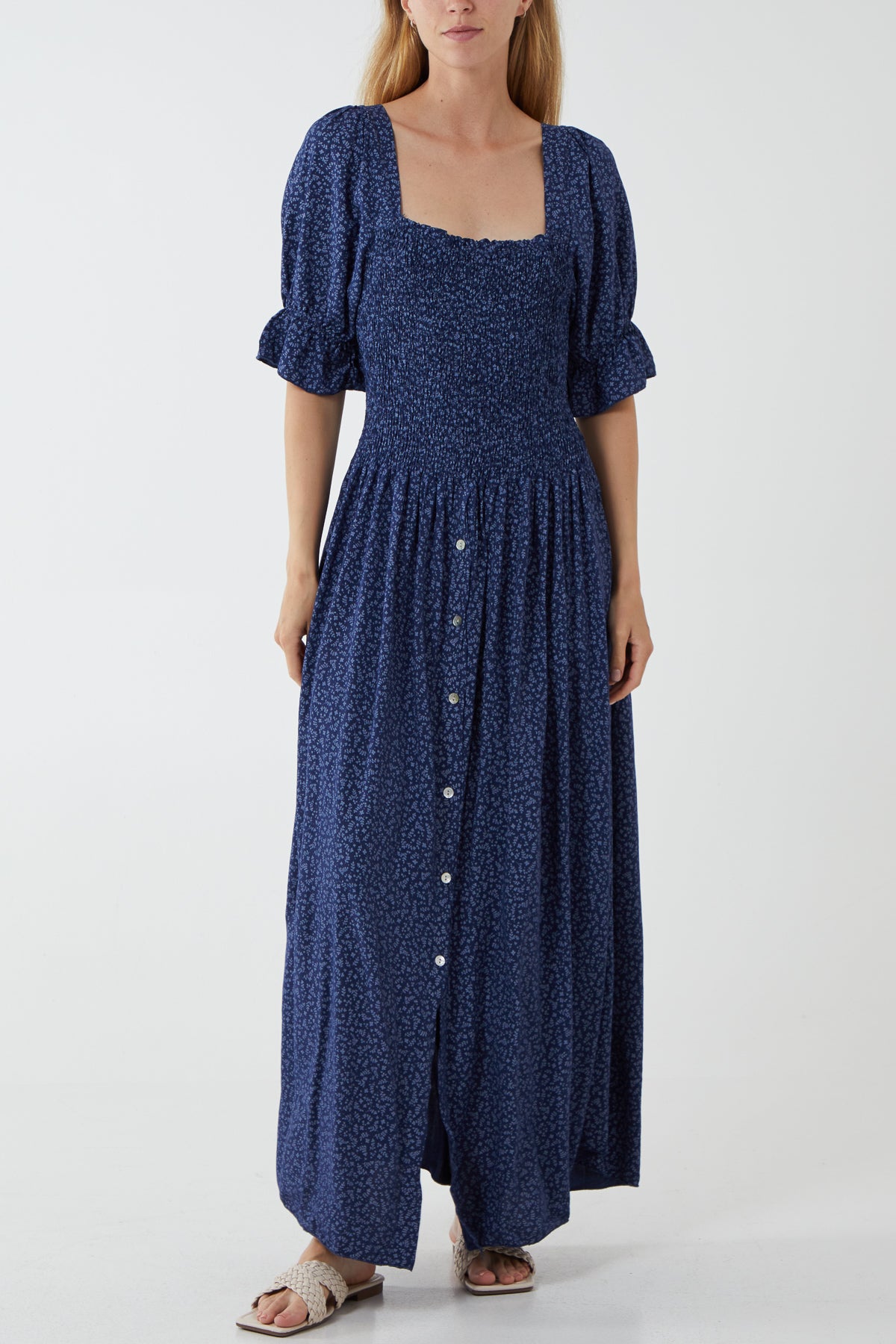 Ditsy Floral Button Down Drop Waist Maxi Dress