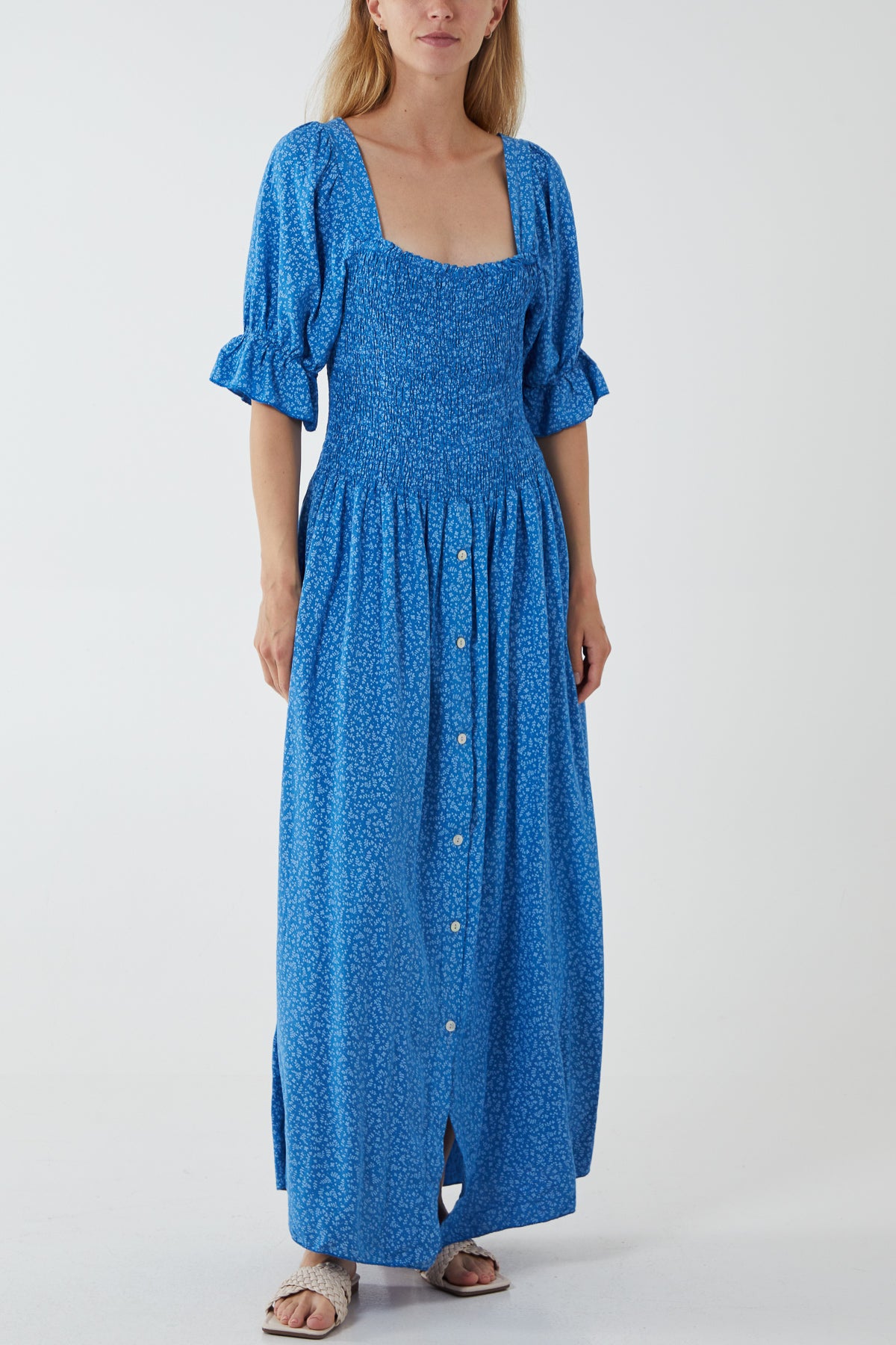 Ditsy Floral Button Down Drop Waist Maxi Dress