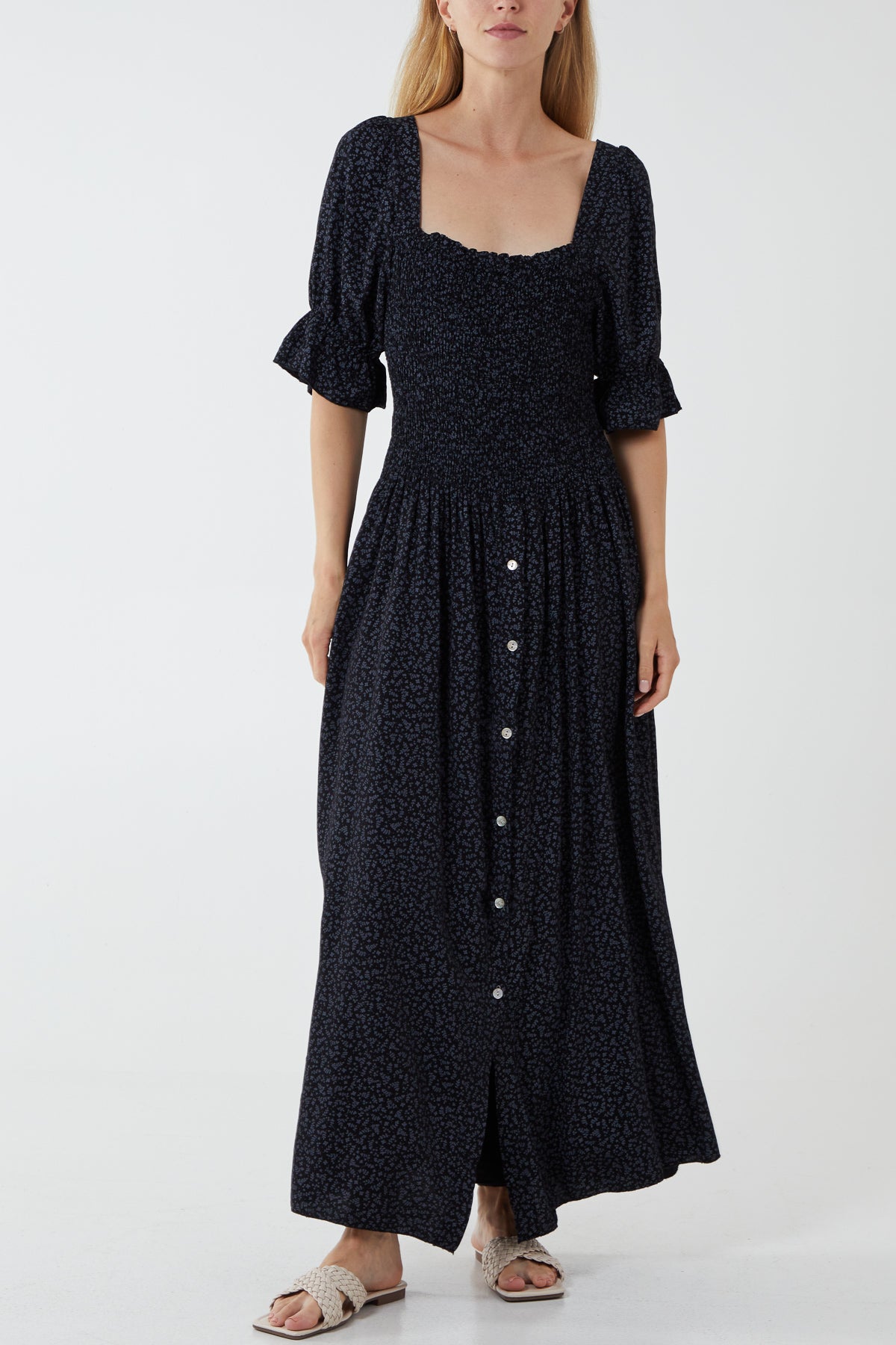 Ditsy Floral Button Down Drop Waist Maxi Dress