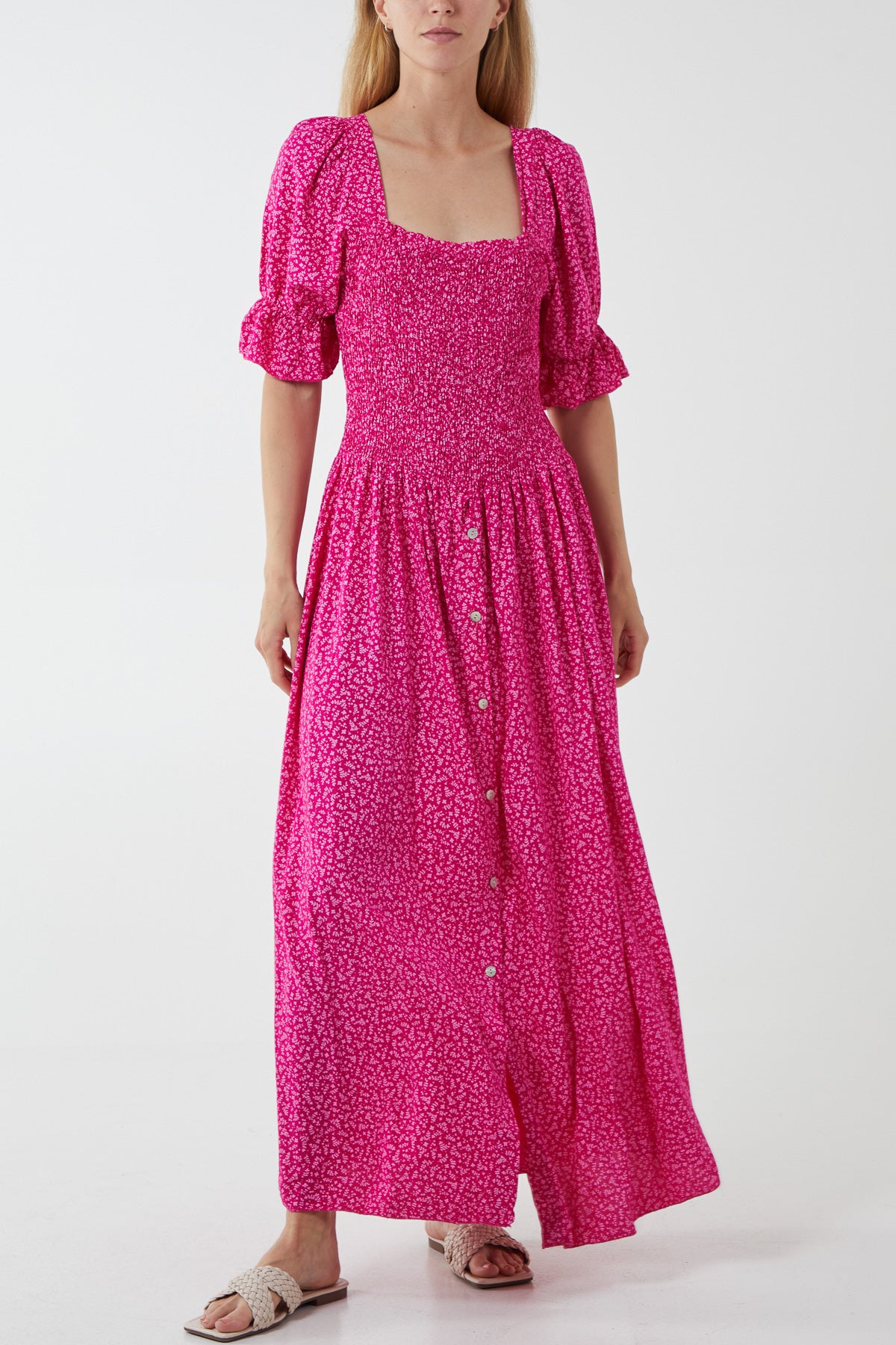 Ditsy Floral Button Down Drop Waist Maxi Dress