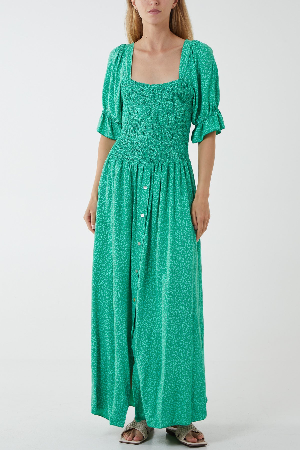 Ditsy Floral Button Down Drop Waist Maxi Dress