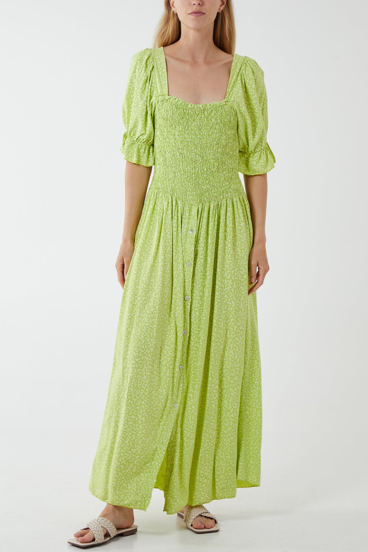 Ditsy Floral Button Down Drop Waist Maxi Dress