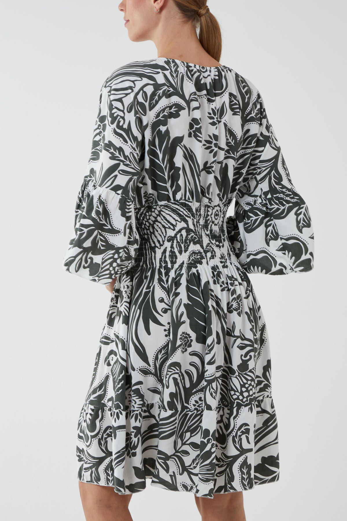 Monochromatic Floral Shirred Bodice Mini Dress