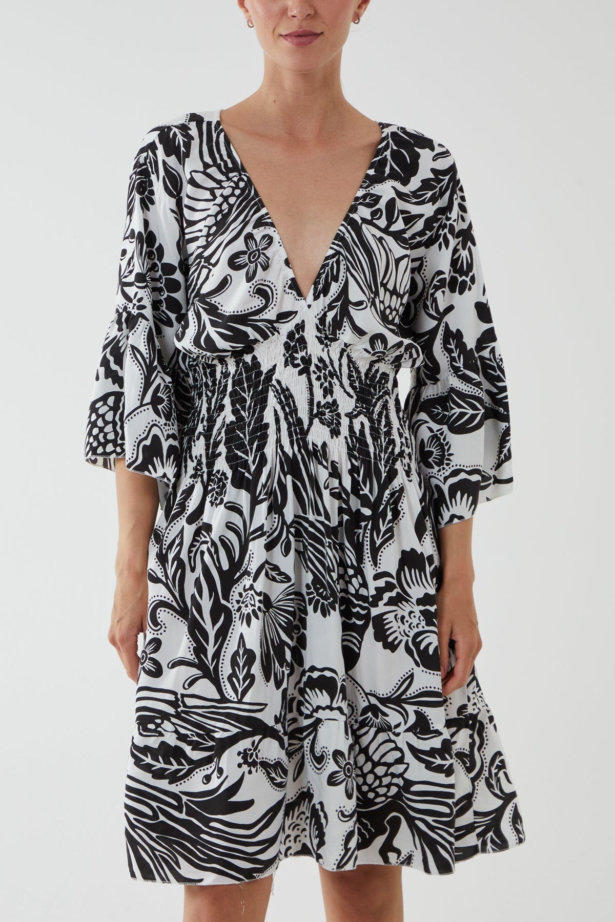 Monochromatic Floral Shirred Bodice Mini Dress