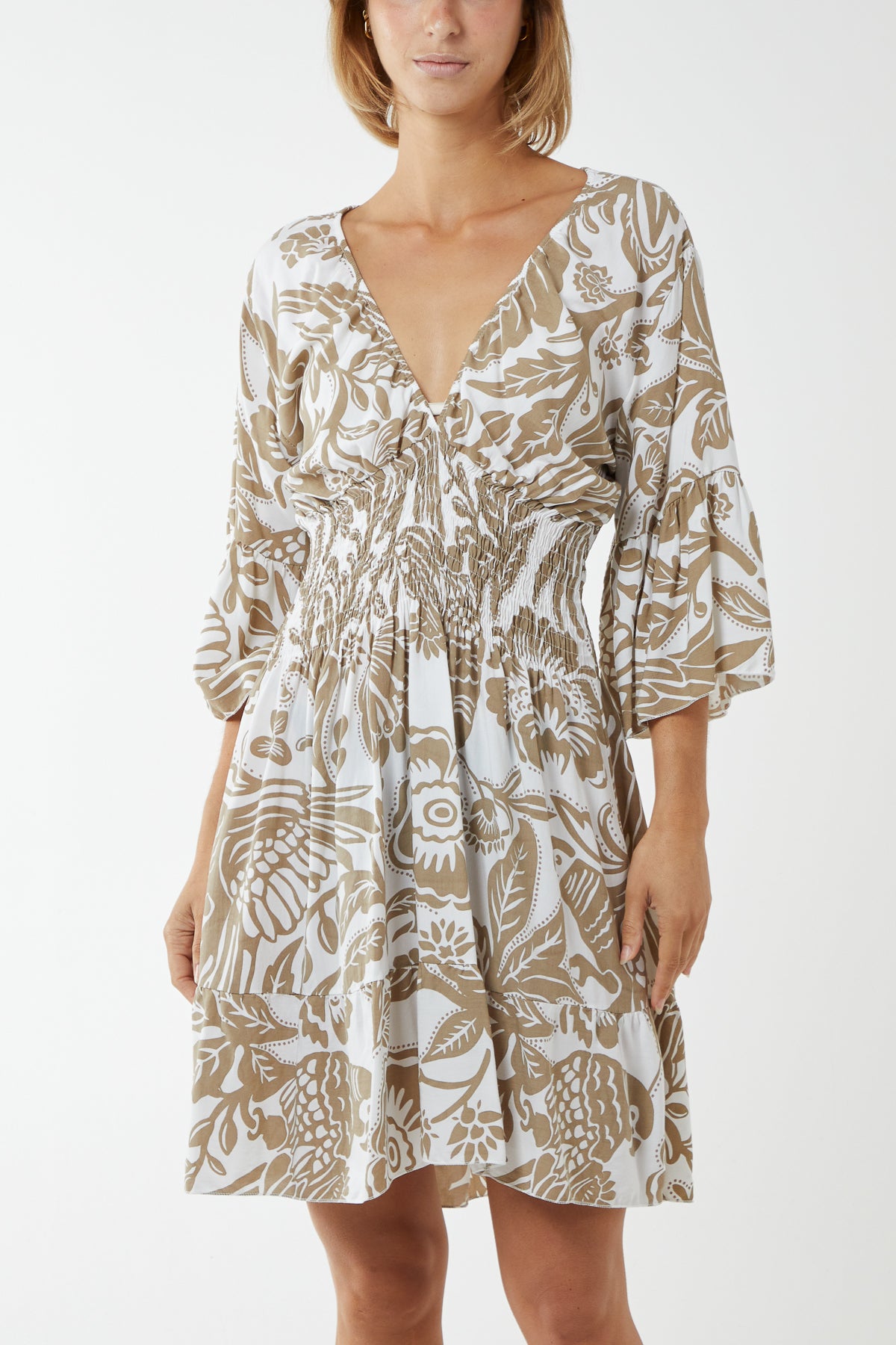 Monochromatic Floral Shirred Bodice Mini Dress