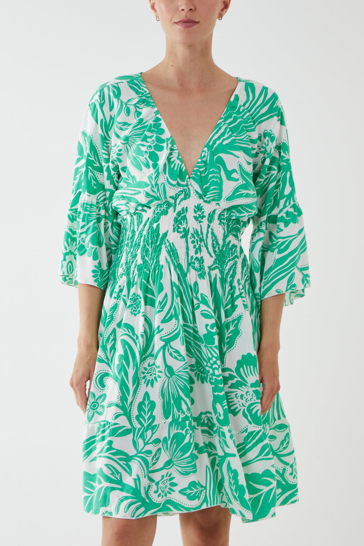 Monochromatic Floral Shirred Bodice Mini Dress