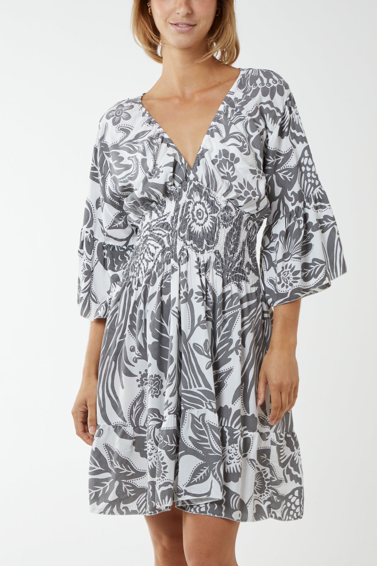 Monochromatic Floral Shirred Bodice Mini Dress