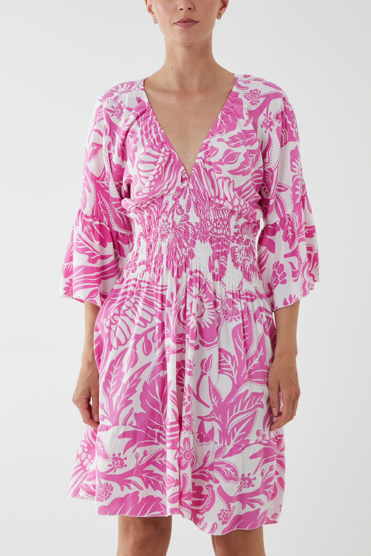 Monochromatic Floral Shirred Bodice Mini Dress