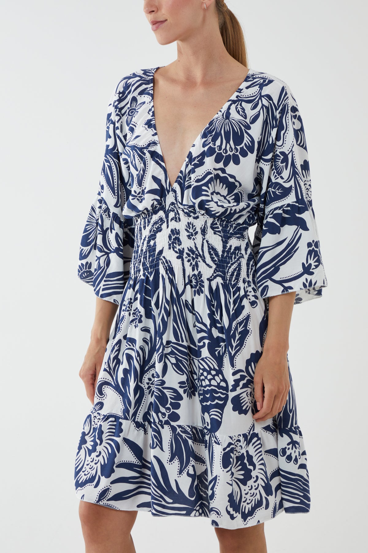 Monochromatic Floral Shirred Bodice Mini Dress