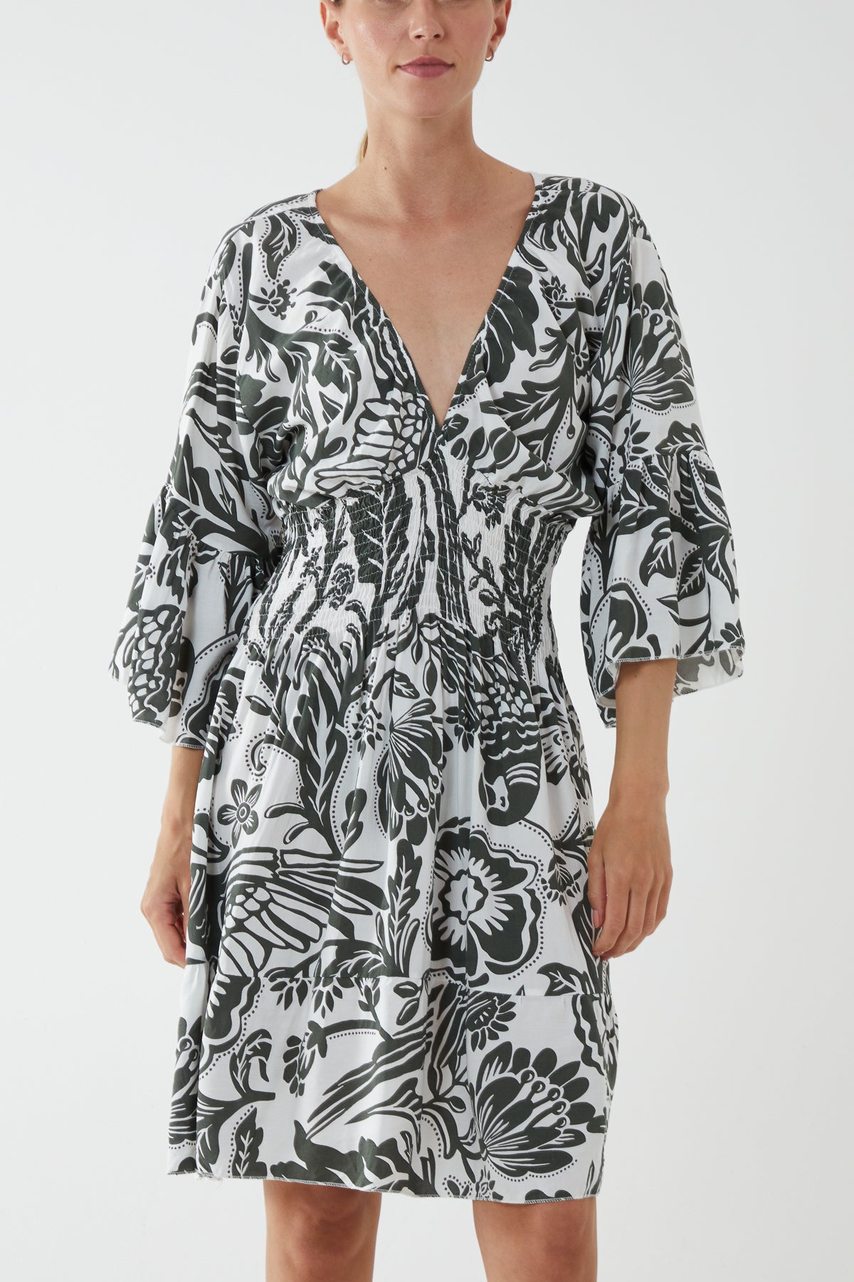 Monochromatic Floral Shirred Bodice Mini Dress