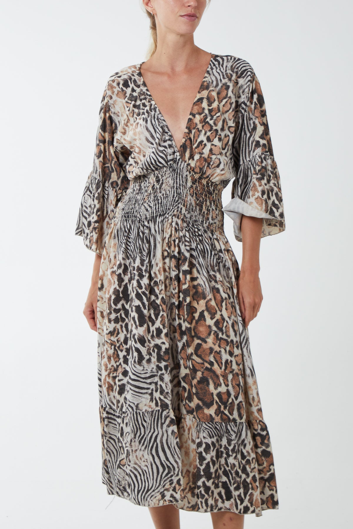 Mixed Animal Print Shirred Midi Dress