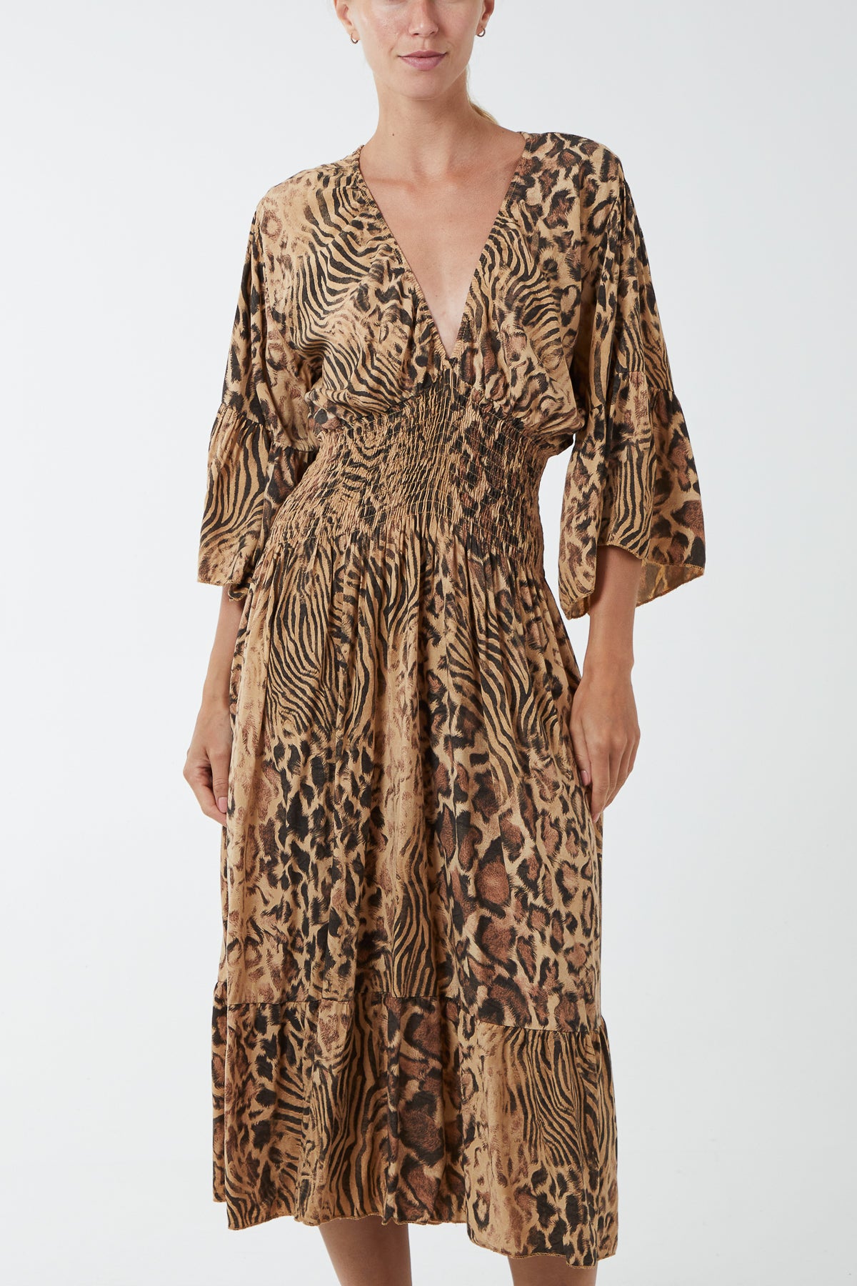 Mixed Animal Print Shirred Midi Dress