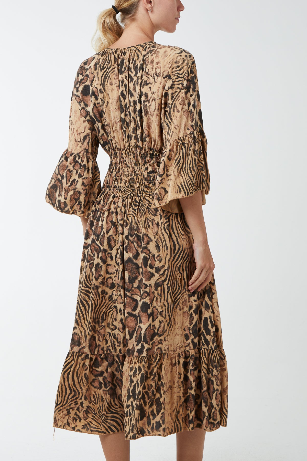Mixed Animal Print Shirred Midi Dress