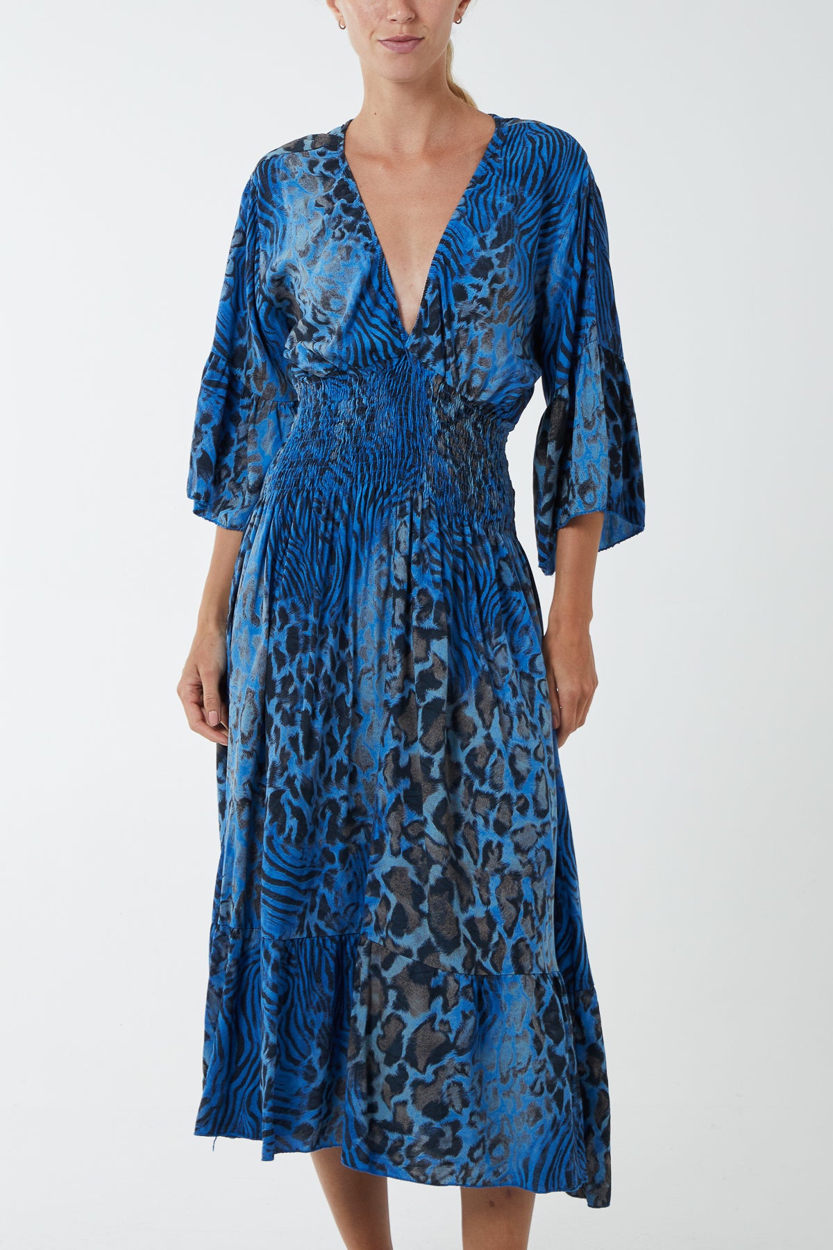 Mixed Animal Print Shirred Midi Dress