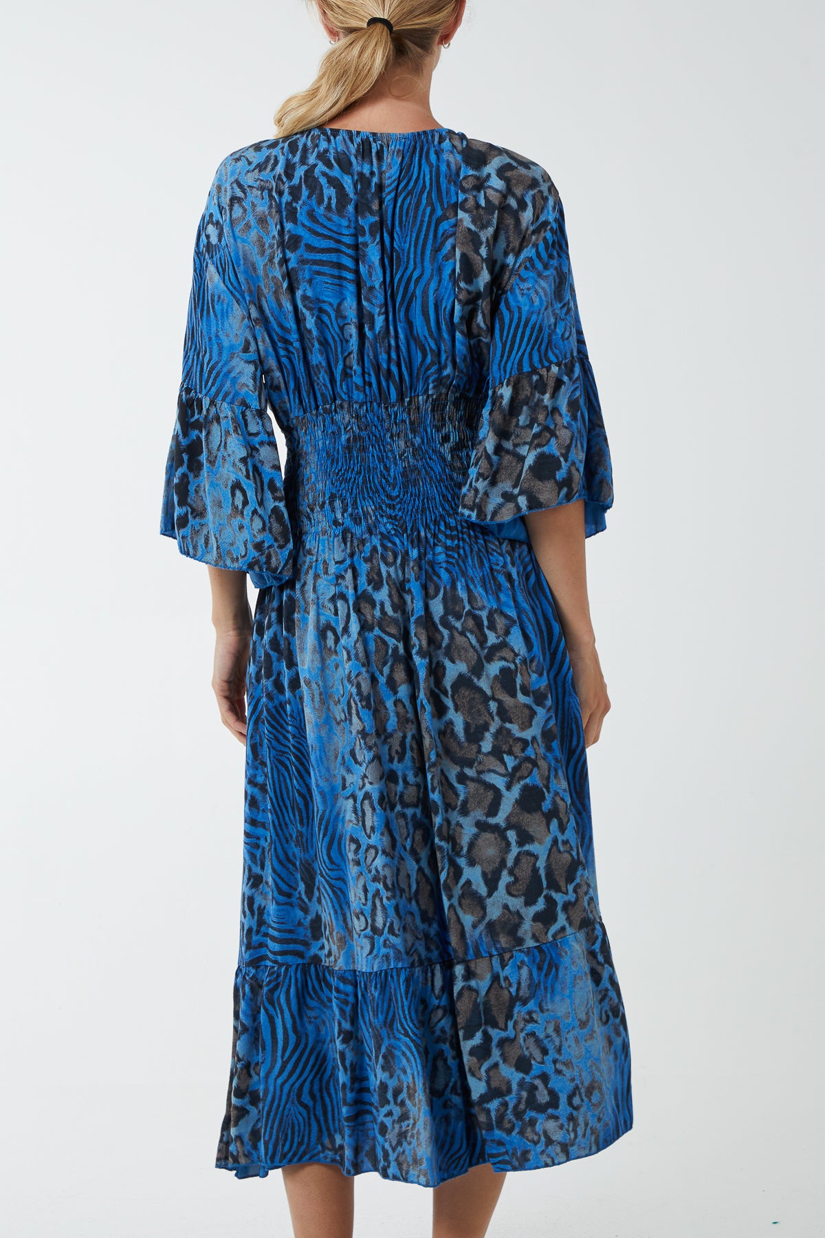 Mixed Animal Print Shirred Midi Dress